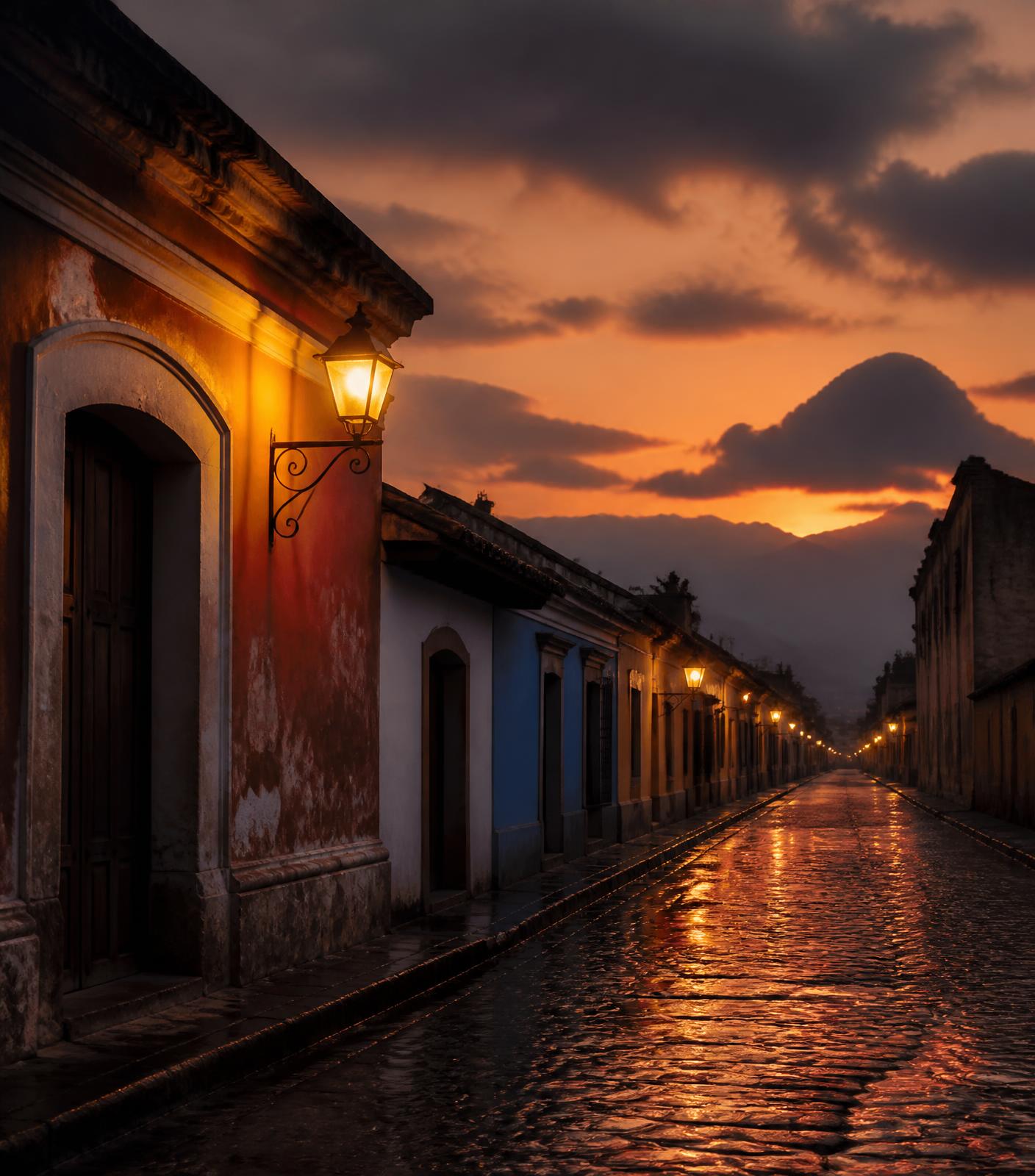A colonial street at dusk lit by lanterns