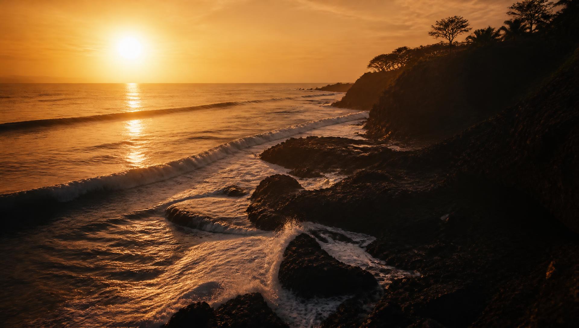 Pacific coastline at golden hour in El Salvador